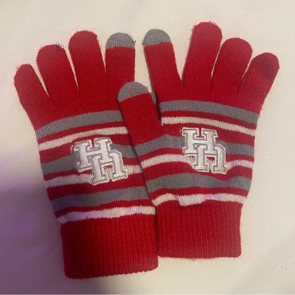 Red Gray White Striped Gloves with UH Logo Touchscreen Compatible Houston‎